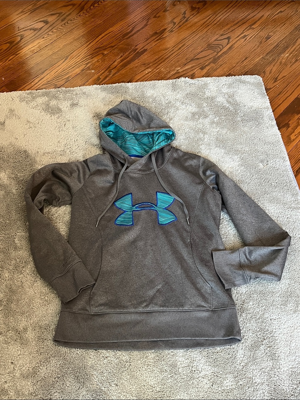 Under Armour Gray Hoodie with Teal Logo and Lined Hood